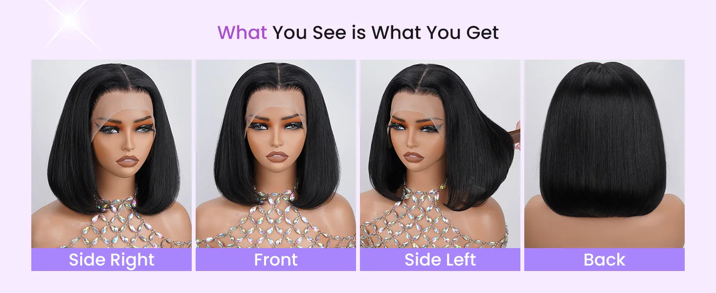 250% Density Glueless Bone Straight 13x6 Short Bob Half Lace Front Wig HD Frontal Braided Black Human Hair Wigs