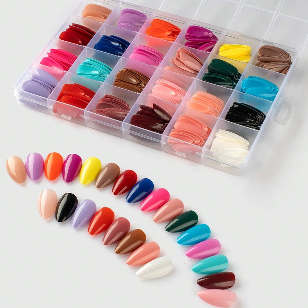 576pcs Medium Almond Shaped Press On Nails 24 Solid Color Glossy Acrylic Fake Nails Full Cover Nail Tips For Nail Art Decoration