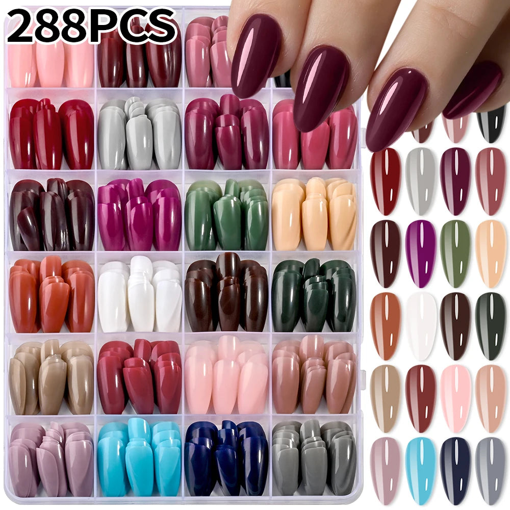 576pcs Medium Almond Shaped Press On Nails 24 Solid Color Glossy Acrylic Fake Nails Full Cover Nail Tips For Nail Art Decoration