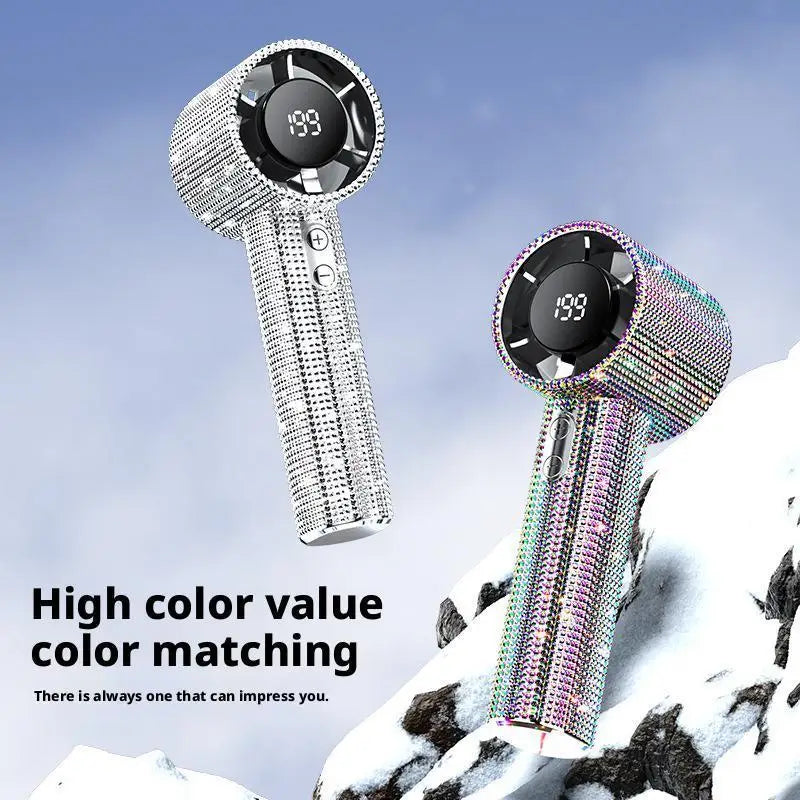 Bedazzled USB rechargeable fan with phone stand and display screen