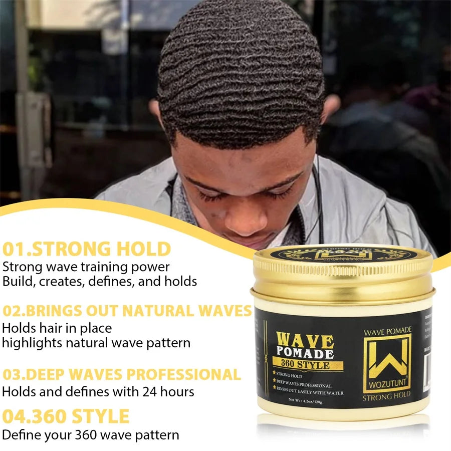Men Shea Butter Wave Control Pomade 360 Style Strong Hold Long Lasting Curly Hair Cream or Brush or Silk Rag Cap Tools Accessory