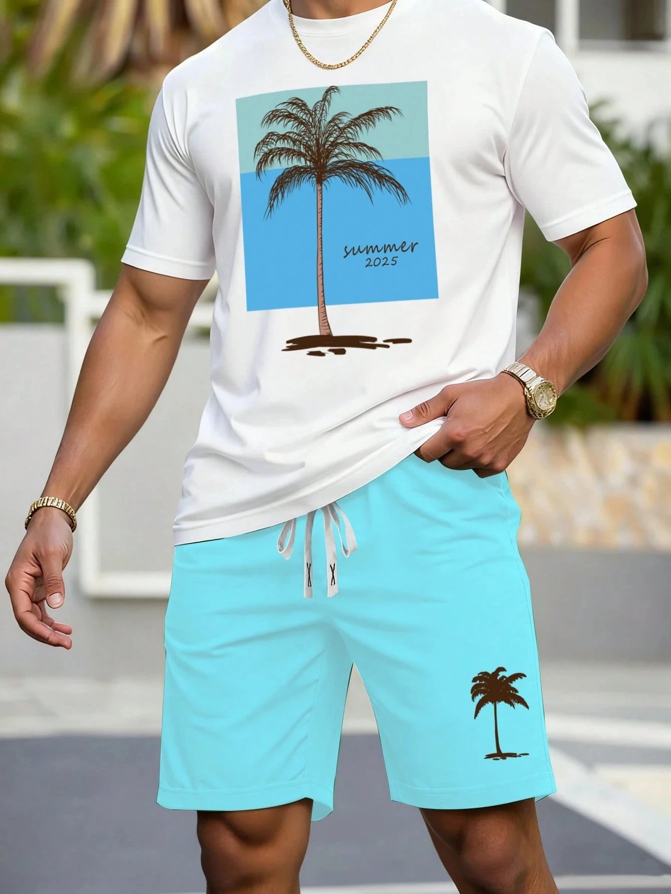 2026 New Coconut Tree Print Mens Short-Sleeve T-Shirt and Shorts Set Hawaiian Men Set Summer Casual T-Shirt Outdoor Beach Shorts