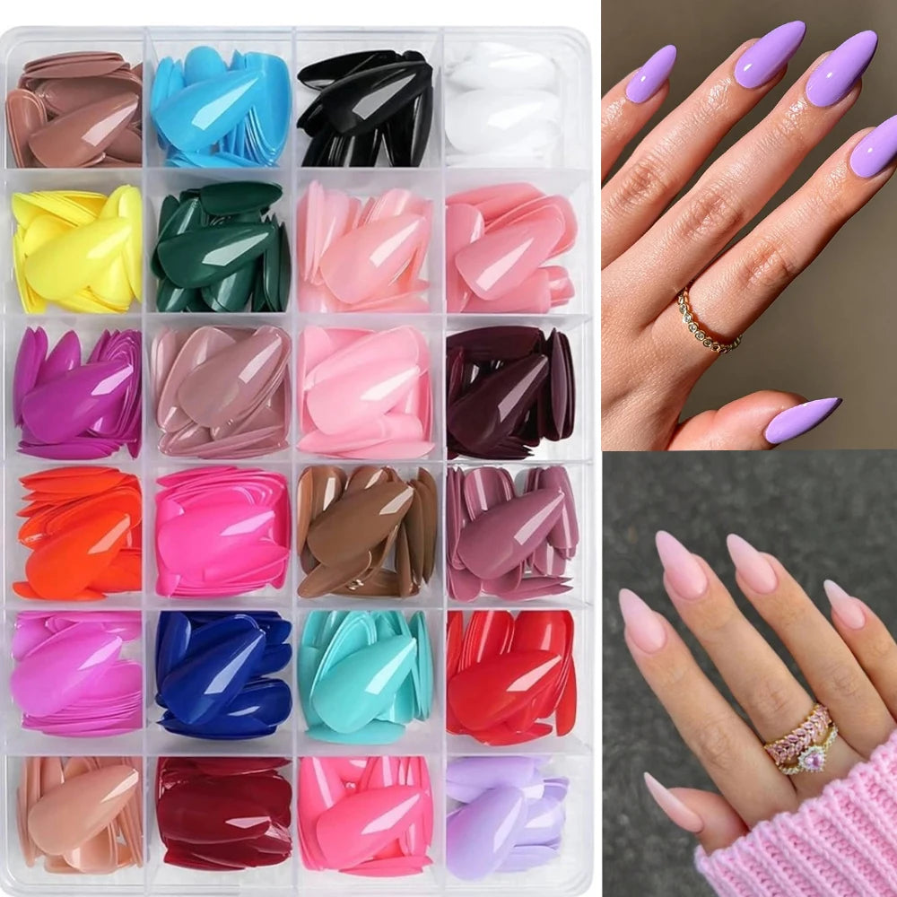 576pcs Medium Almond Shaped Press On Nails 24 Solid Color Glossy Acrylic Fake Nails Full Cover Nail Tips For Nail Art Decoration