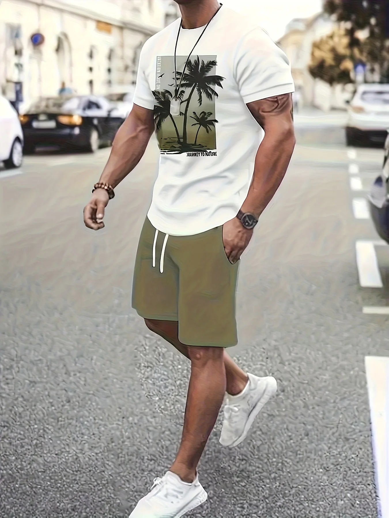 2026 New Coconut Tree Print Mens Short-Sleeve T-Shirt and Shorts Set Hawaiian Men Set Summer Casual T-Shirt Outdoor Beach Shorts
