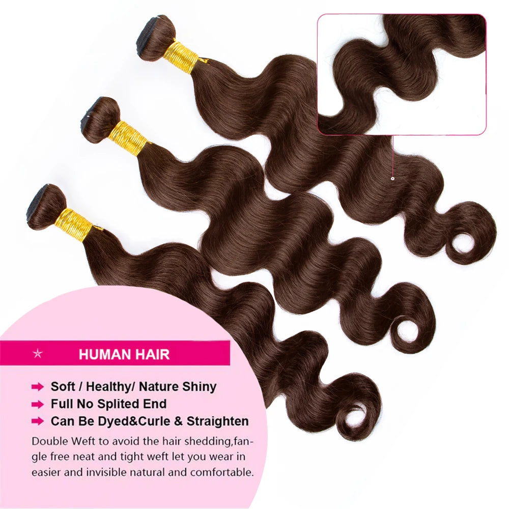 #4 Dark Brown Body Wave Bundles 1/3PCS Human Hair Bundles 18-30 Inches Remy Hair Extensions For Women Brazilian Double Weft Draw