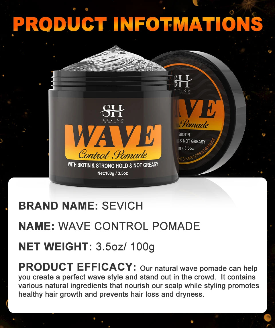 3.53oz Biotin Waves Control Pomade For Men Sevich Sport Strong Hold Wave Hair Gel With Brush Wavy Hair Oil Shampoo Conditioner