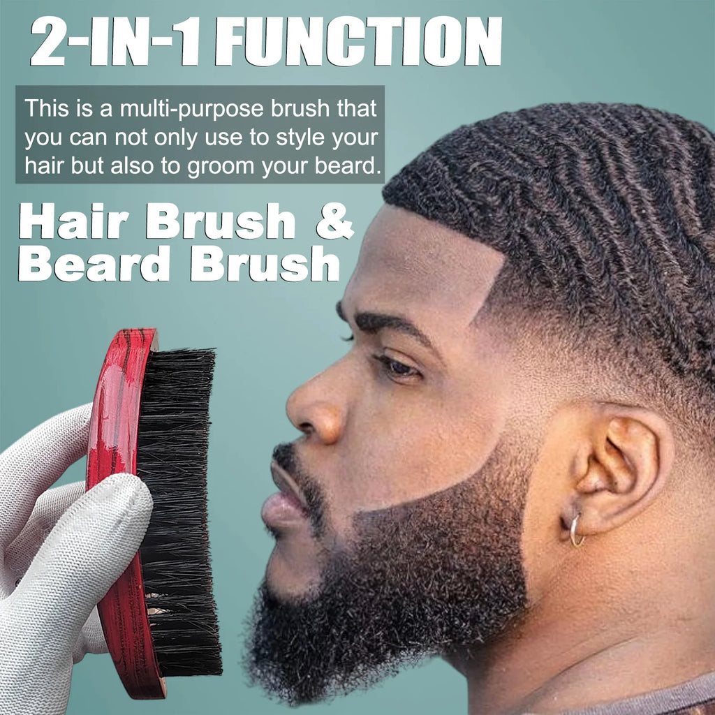 Gracemen 360 Wave Hair Brush for Men with Silky Wave Cap - Also Ideal for Beard Grooming, Curved Medium Stiffness Boar Bristles
