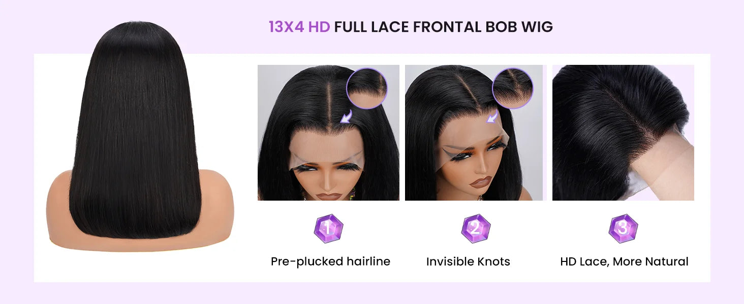250% Density Glueless Bone Straight 13x6 Short Bob Half Lace Front Wig HD Frontal Braided Black Human Hair Wigs