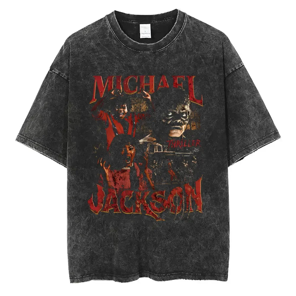 Washed Vintage Michael Jackson Thriller Graphic T-shirt Men Women Fashion Retro Gothic Rock Tshirt Men's Punk Oversized T Shirts