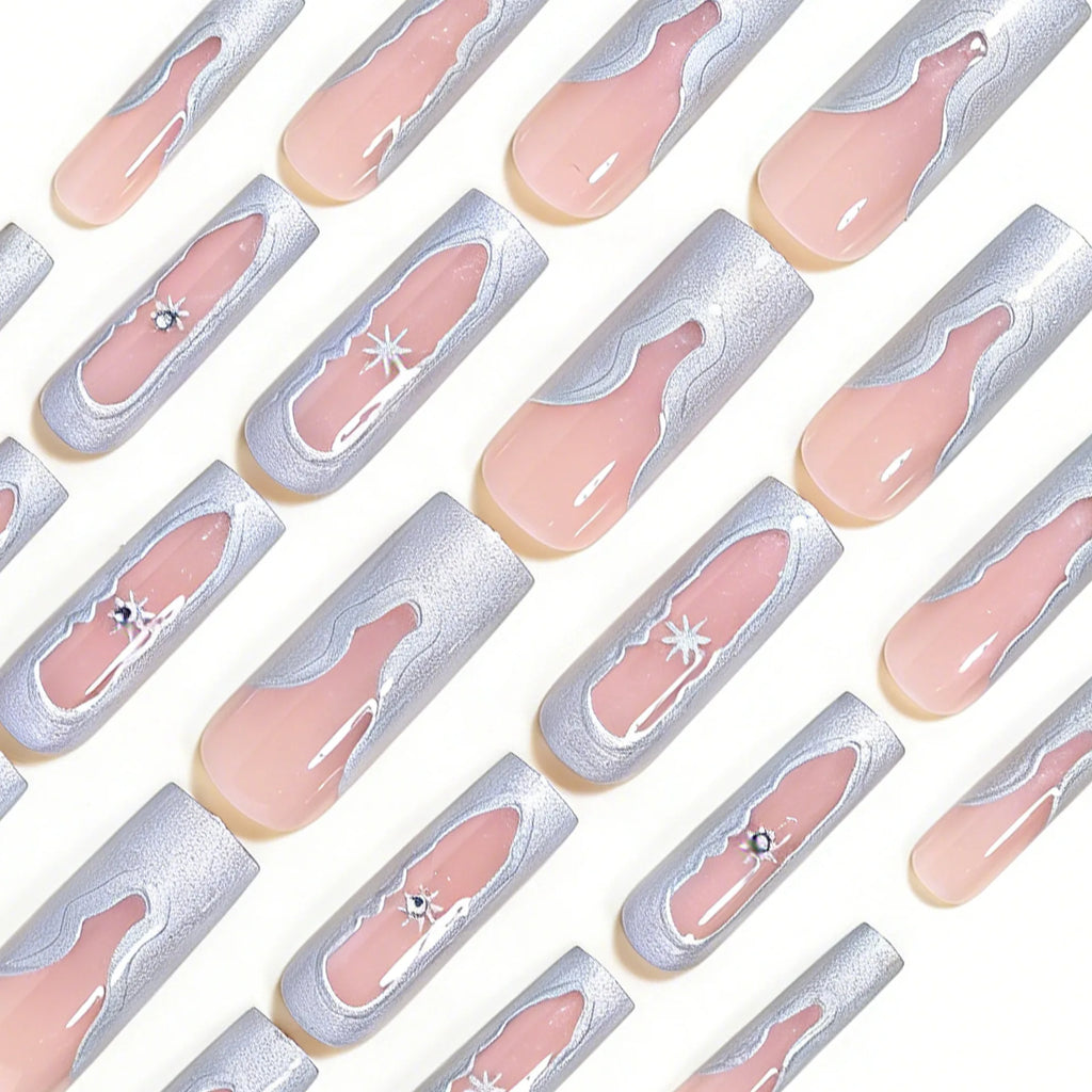 24PCS Silver irregular French star-shaped fake nails. press on nails