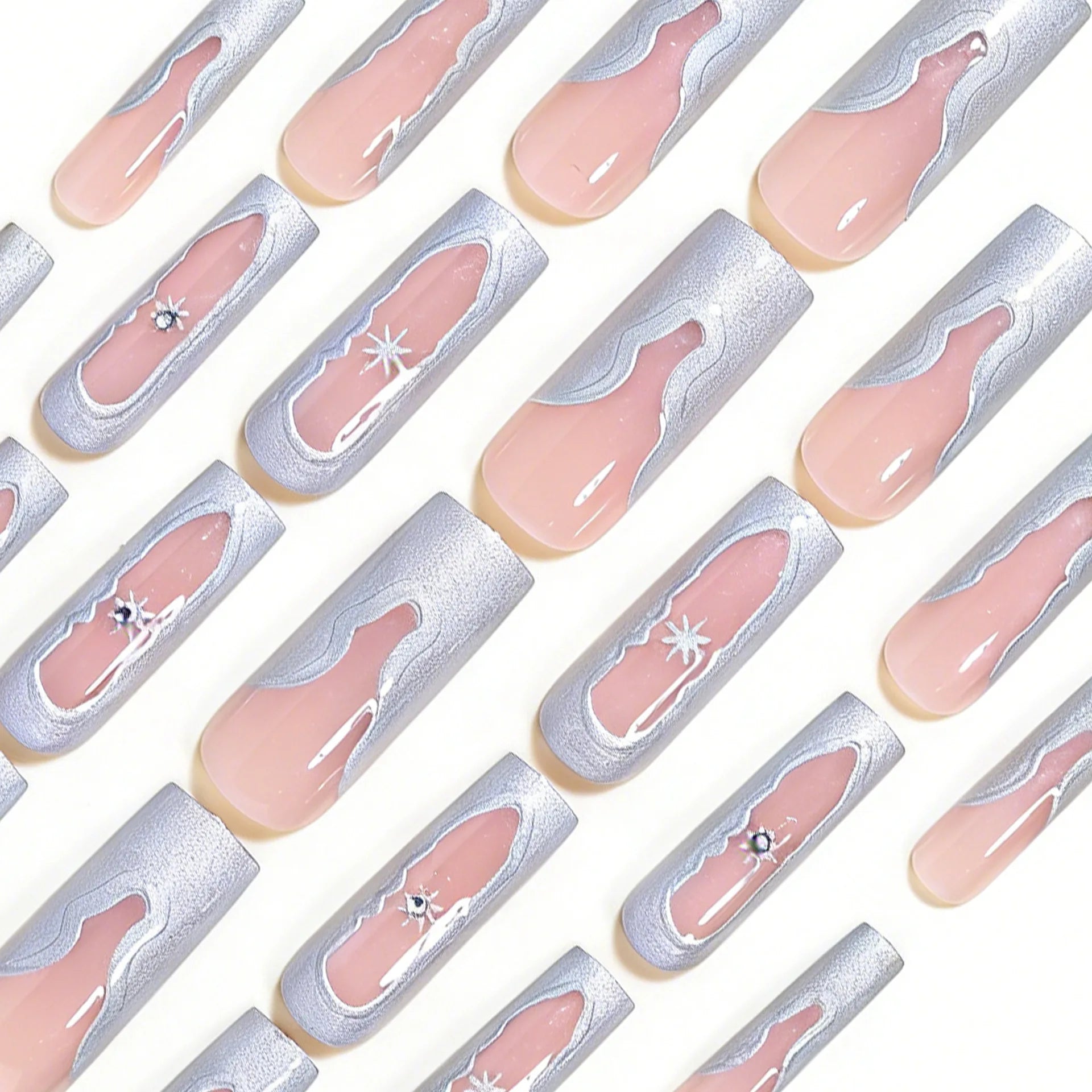 24PCS Silver irregular French star-shaped fake nails. press on nails