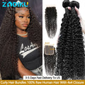 Kinky Curly Hair Bundles 100% Human Hair Raw Hair Bundles With 4X4 Closure Burmese Curly Hair Bundles Human Hair With Closure 3/4PCS 12-32Inch Soft Thick No Shedding Unprocessed Virgin Human Hair Bundles With Closure Hair Wea