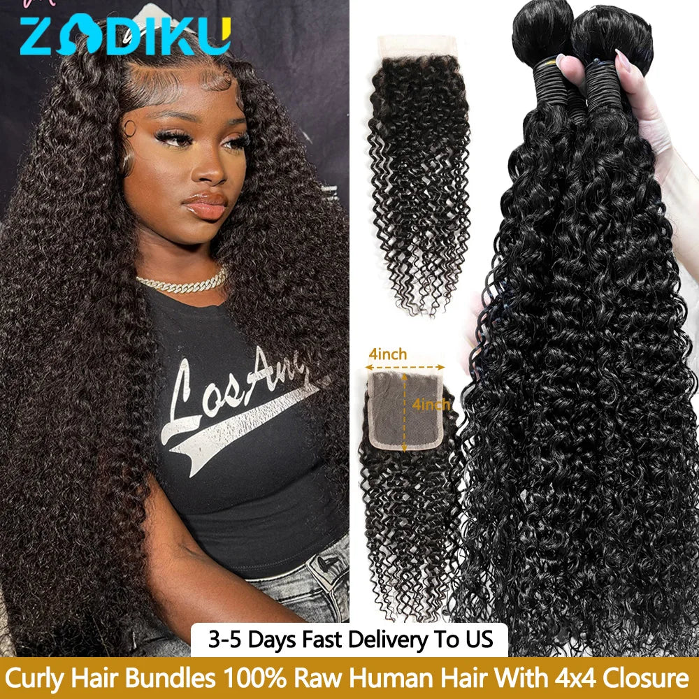 Kinky Curly Hair Bundles 100% Human Hair Raw Hair Bundles With 4X4 Closure Burmese Curly Hair Bundles Human Hair With Closure 3/4PCS 12-32Inch Soft Thick No Shedding Unprocessed Virgin Human Hair Bundles With Closure Hair Wea