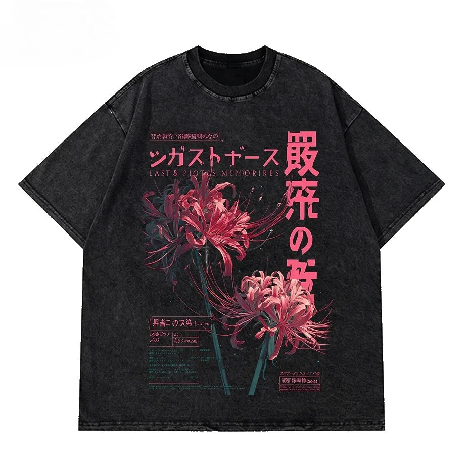 Grunge Flower Japanese Spider Lily Washed  New Arrival Mens Clothes Tee Shirt Graphic T-Shirts Men Tshirt for Men Ropa Hombre