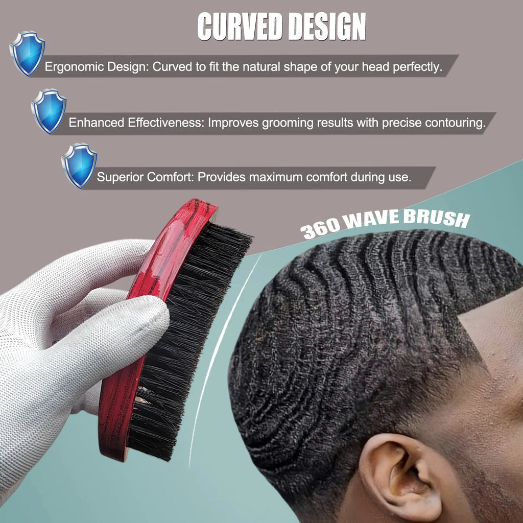 Gracemen 360 Wave Hair Brush for Men with Silky Wave Cap - Also Ideal for Beard Grooming, Curved Medium Stiffness Boar Bristles