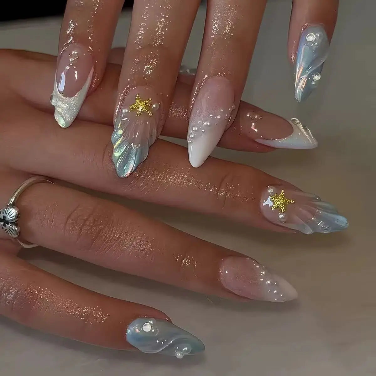 3D Handmade Summer Cherry Blossom Press On Nails Embossed Pink Flower Shell Medium Long Almond False Nails