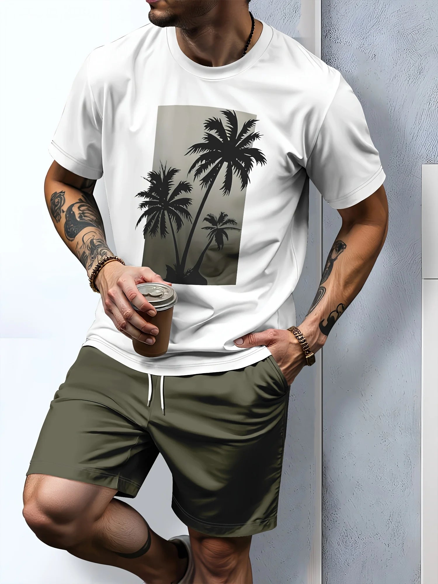 2026 New Coconut Tree Print Mens Short-Sleeve T-Shirt and Shorts Set Hawaiian Men Set Summer Casual T-Shirt Outdoor Beach Shorts