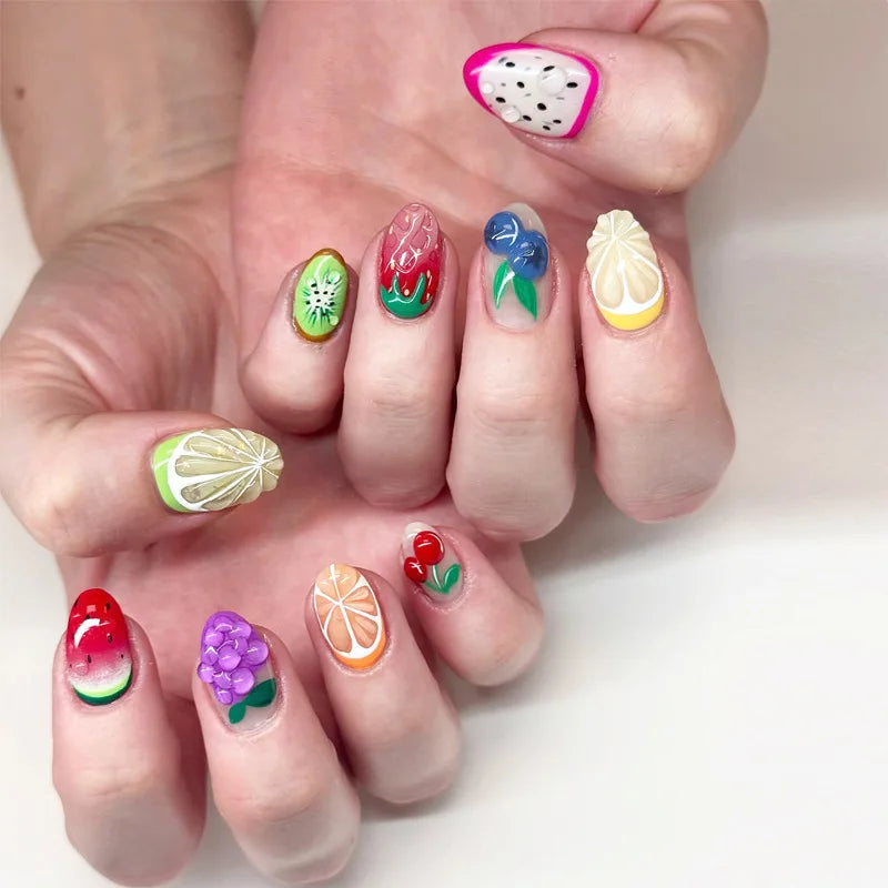 24PCS Sweet Short Round Press on Nails Cute 3D Fruit Blue Stripes Almond False Nails Wearable Lemon Patterns French Ins Manicure