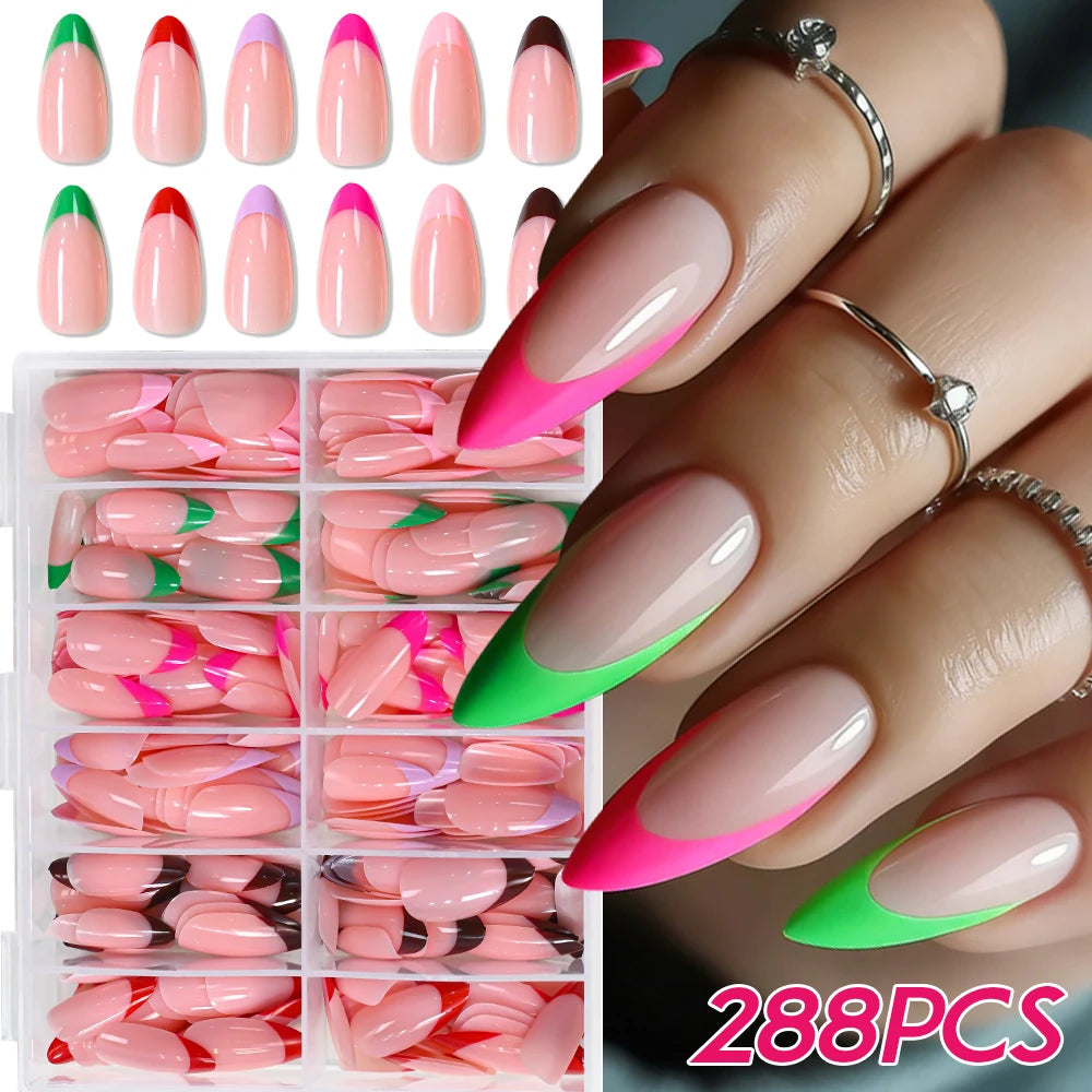 576pcs Medium Almond Shaped Press On Nails 24 Solid Color Glossy Acrylic Fake Nails Full Cover Nail Tips For Nail Art Decoration