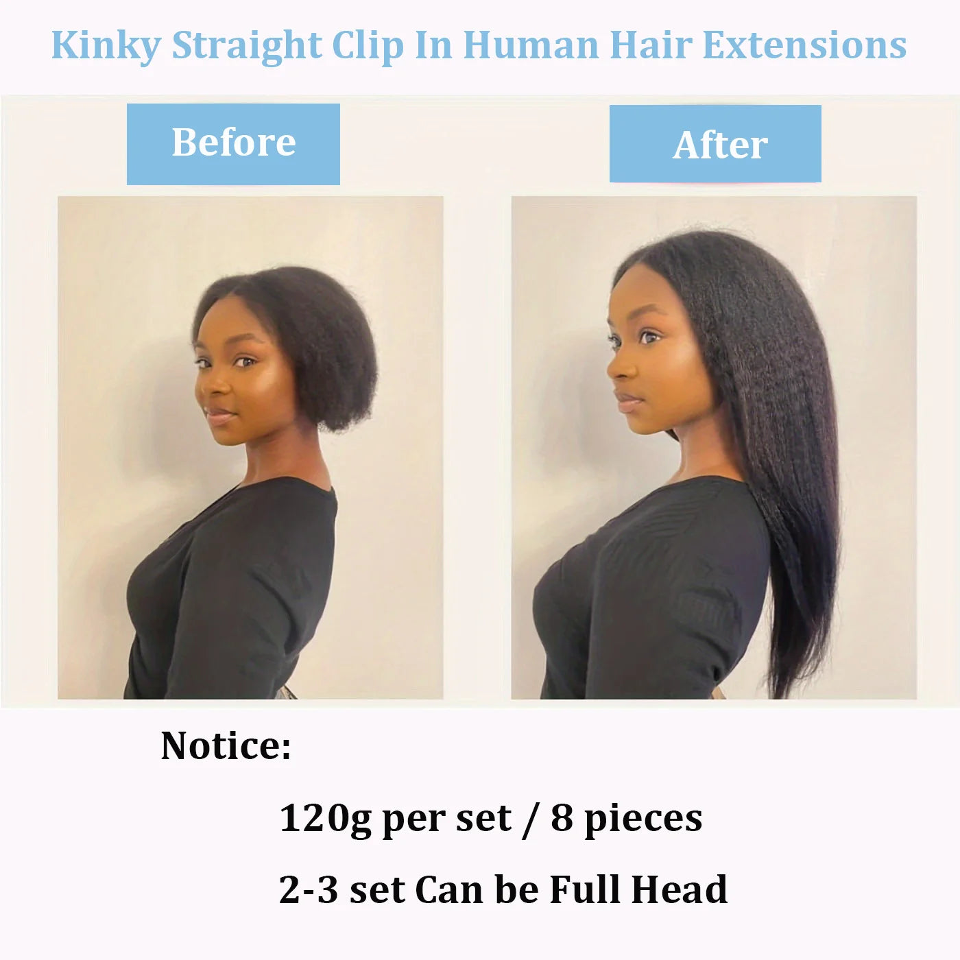 Kinky Straight  100% Remy Human Hair Clips In 120G 8Pcs/Set Full Head For Women