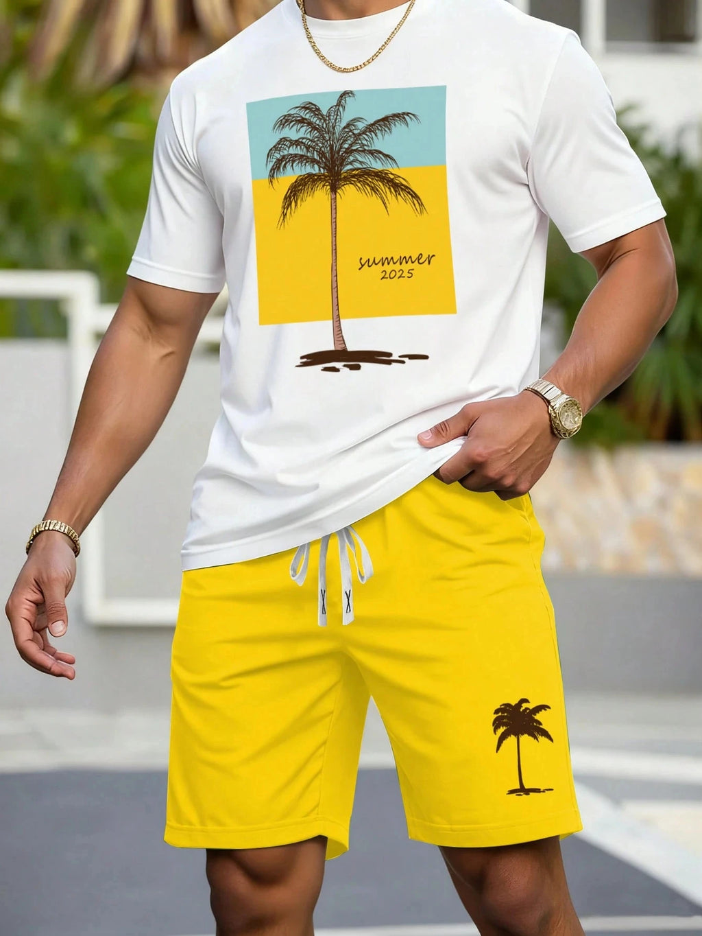 2026 New Coconut Tree Print Mens Short-Sleeve T-Shirt and Shorts Set Hawaiian Men Set Summer Casual T-Shirt Outdoor Beach Shorts