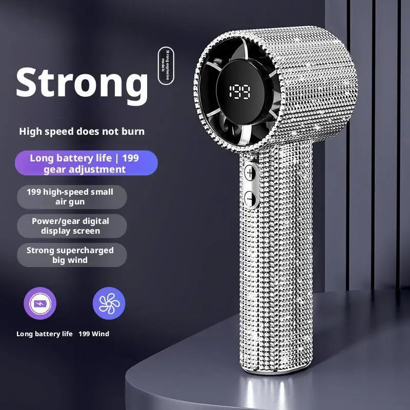 Bedazzled USB rechargeable fan with phone stand and display screen