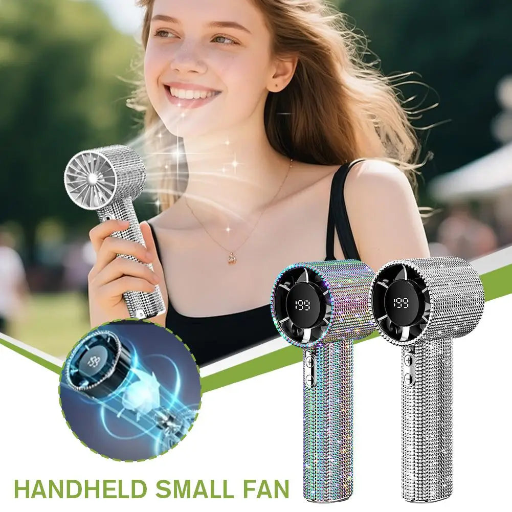 Bedazzled USB rechargeable fan with phone stand and display screen