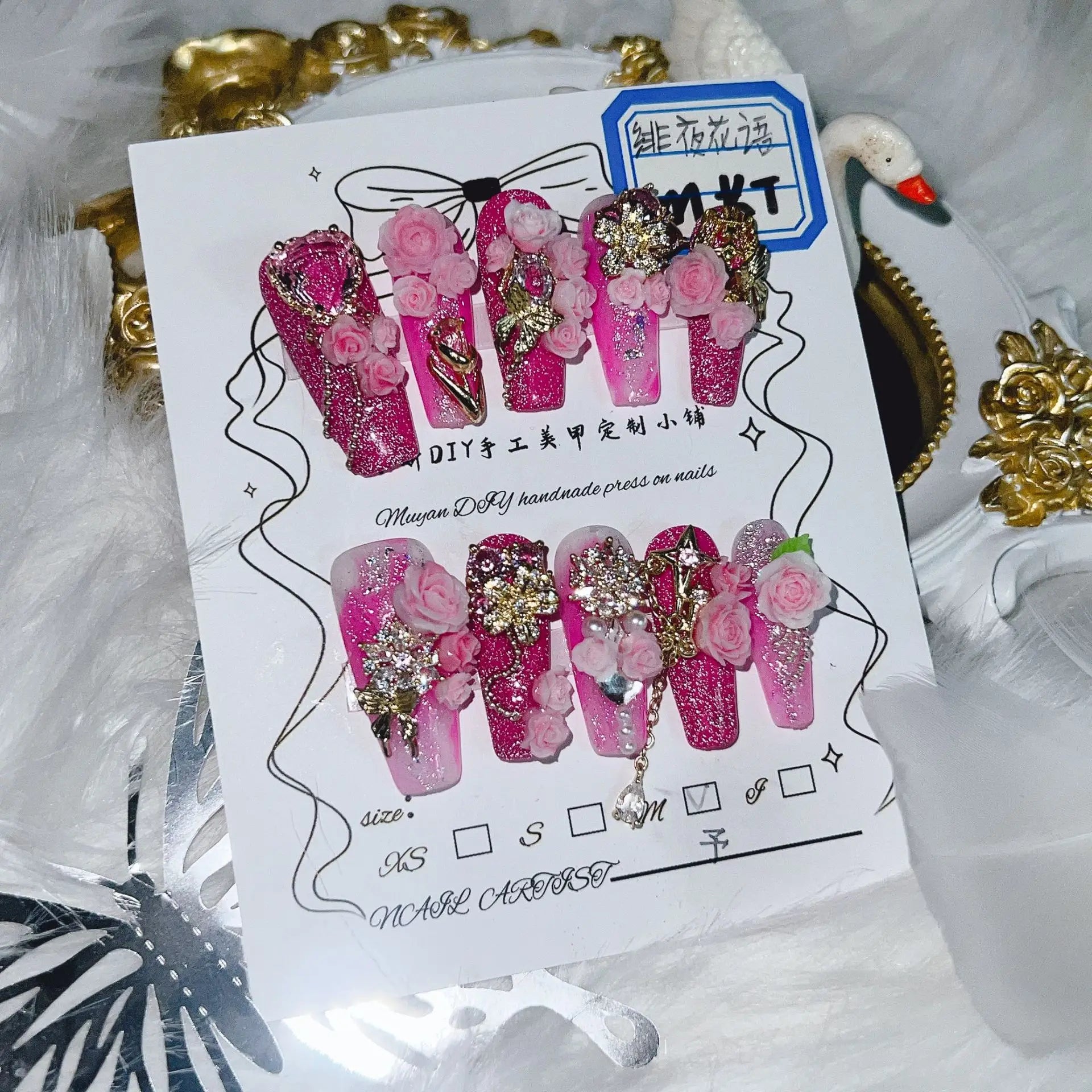Press On Nails Handmade Pink Ombre 3D Rose Gold Accented Stunning Design False Nails Full Set 24pcs Comfort Fit 2 Glues