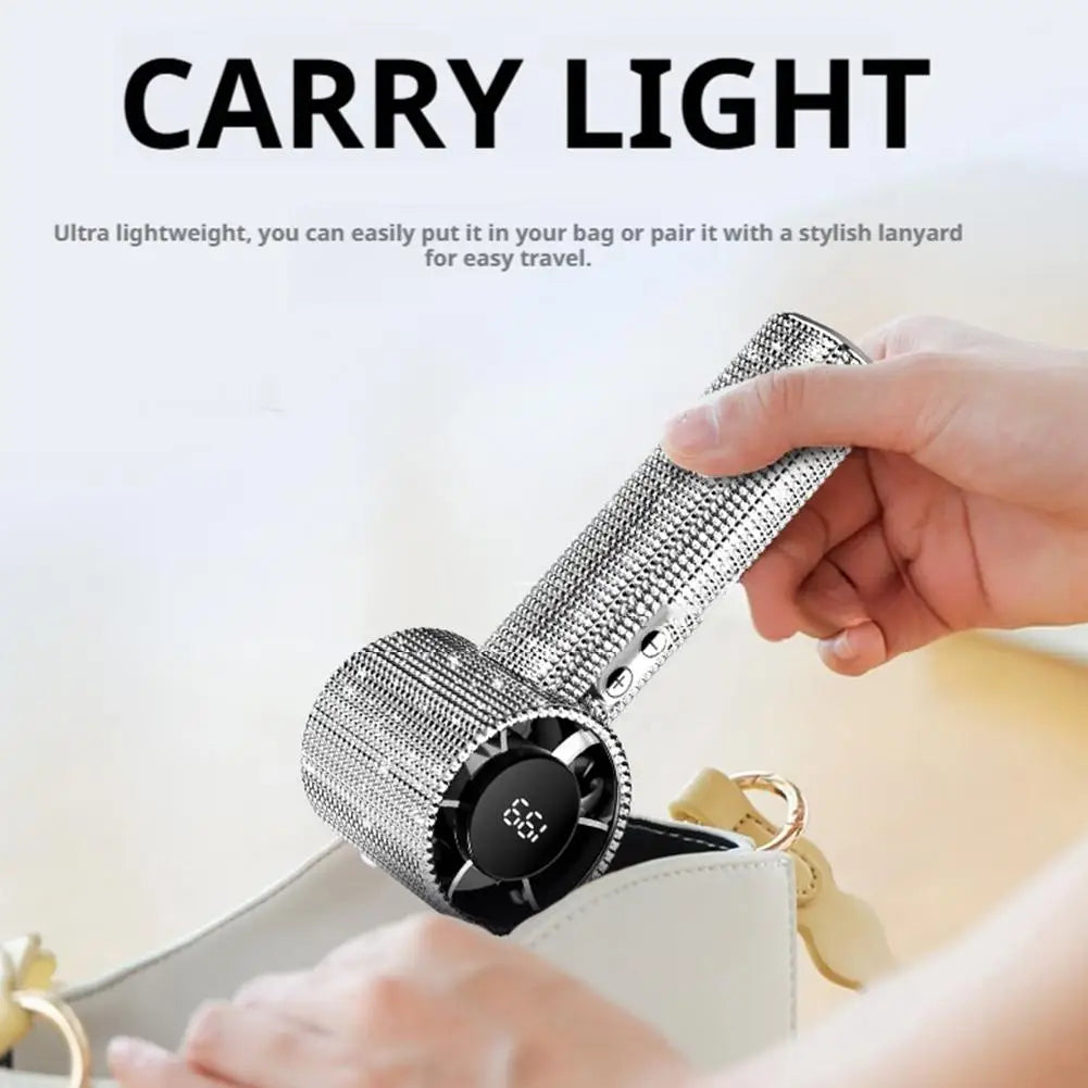 Bedazzled USB rechargeable fan with phone stand and display screen
