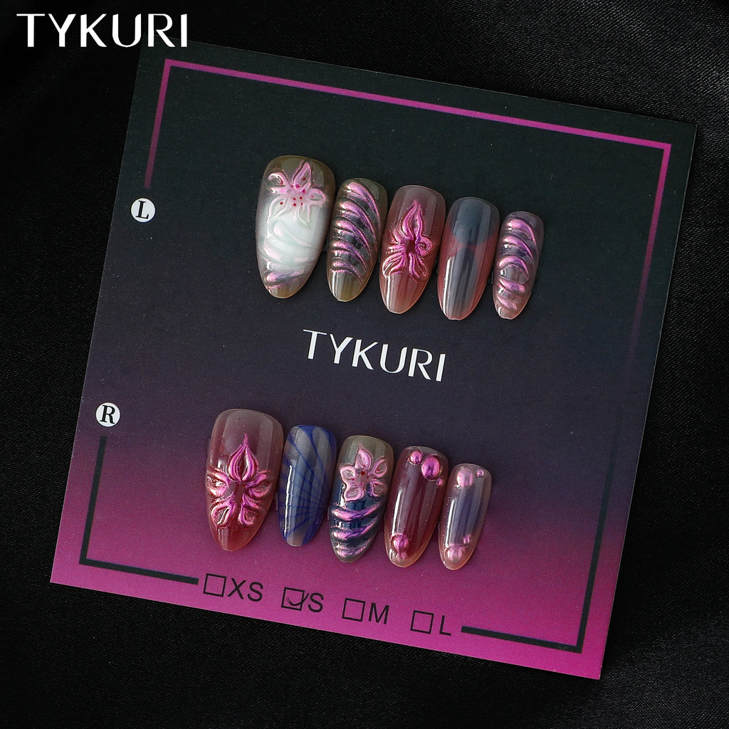 Tykuri Press-On Nails Almond Shape French Style Elegant Purple Fashionable Easy to Use Comes with Tool Kit
