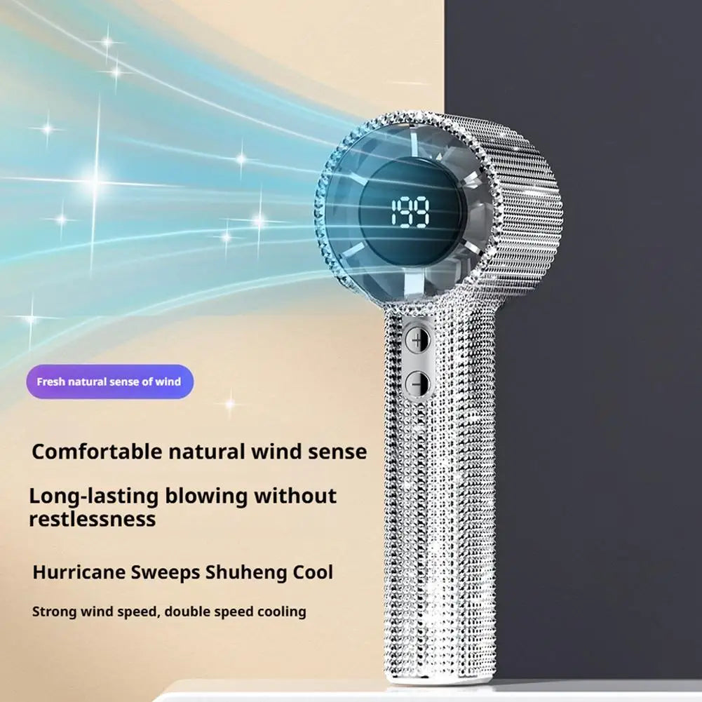 Bedazzled USB rechargeable fan with phone stand and display screen
