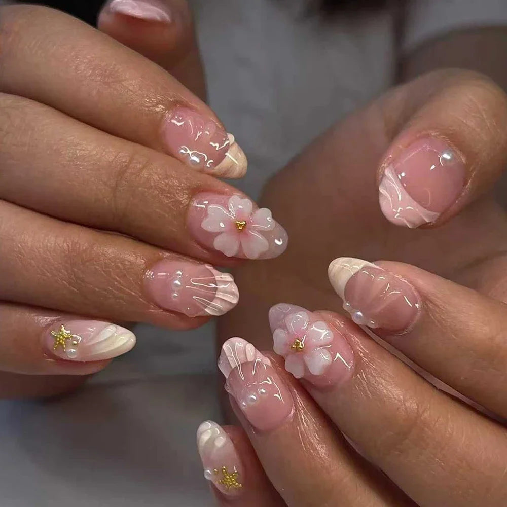 3D Handmade Summer Cherry Blossom Press On Nails Embossed Pink Flower Shell Medium Long Almond False Nails