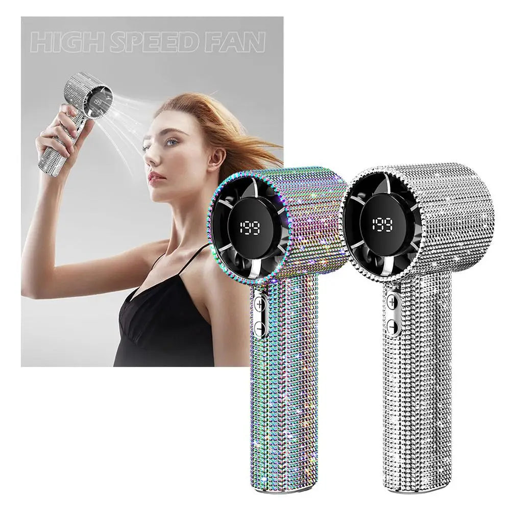 Bedazzled USB rechargeable fan with phone stand and display screen