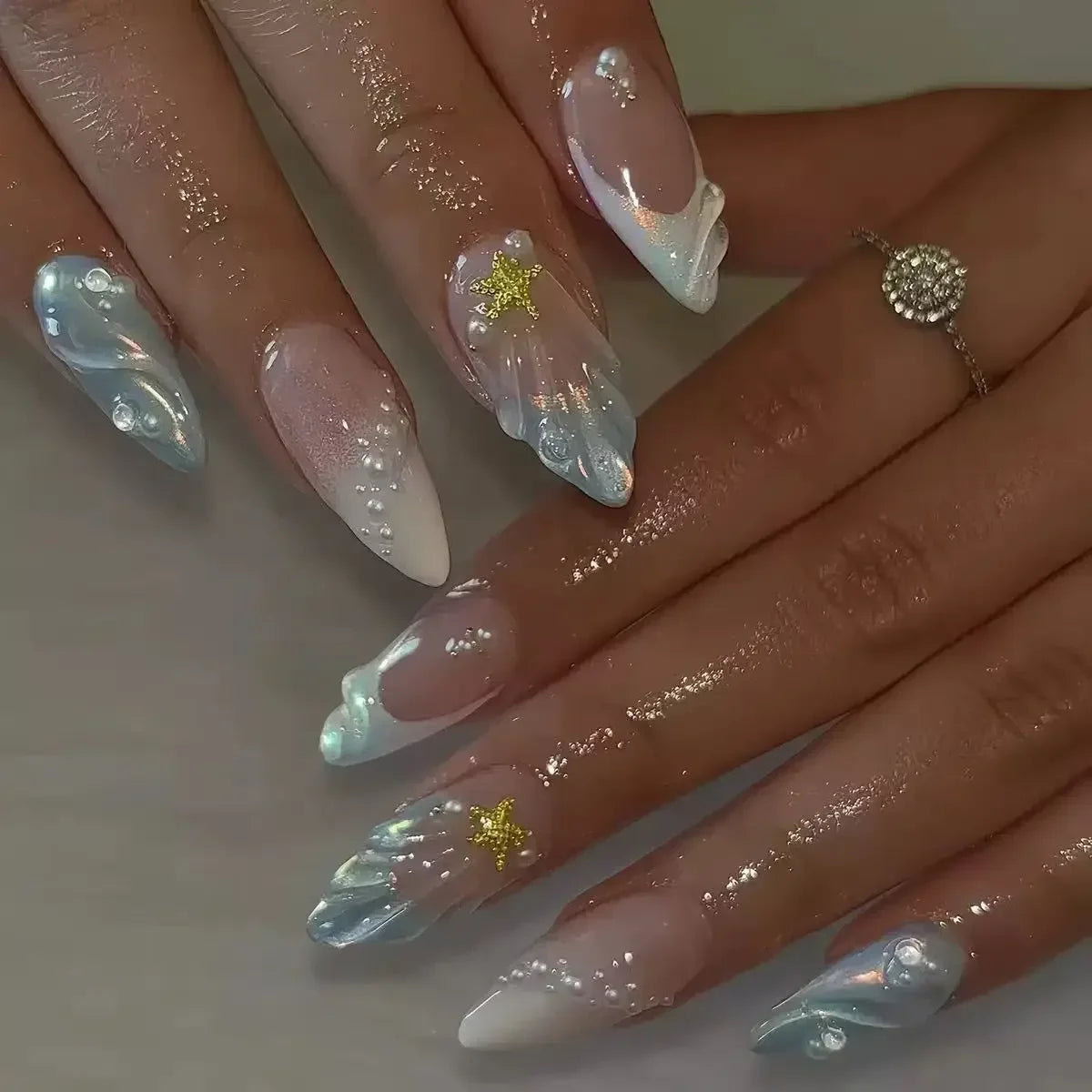 3D Handmade Summer Cherry Blossom Press On Nails Embossed Pink Flower Shell Medium Long Almond False Nails
