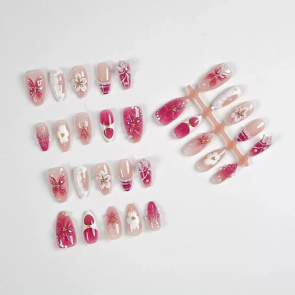 3D Handmade Summer Cherry Blossom Press On Nails Embossed Pink Flower Shell Medium Long Almond False Nails