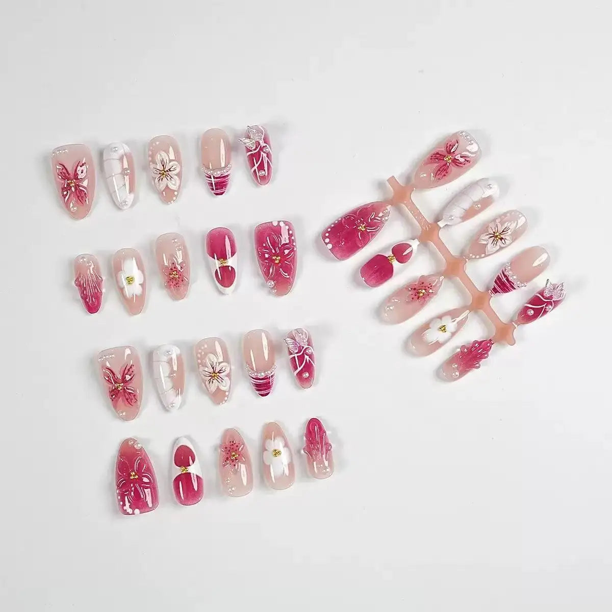 3D Handmade Summer Cherry Blossom Press On Nails Embossed Pink Flower Shell Medium Long Almond False Nails