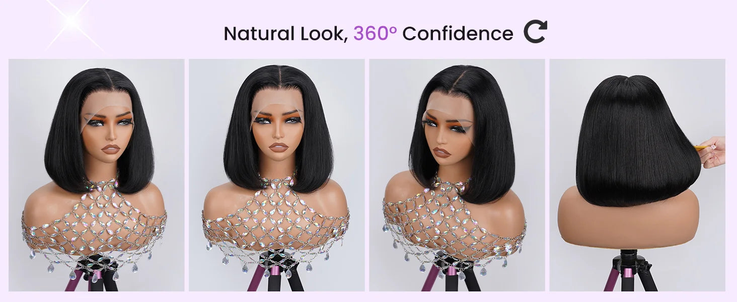 250% Density Glueless Bone Straight 13x6 Short Bob Half Lace Front Wig HD Frontal Braided Black Human Hair Wigs