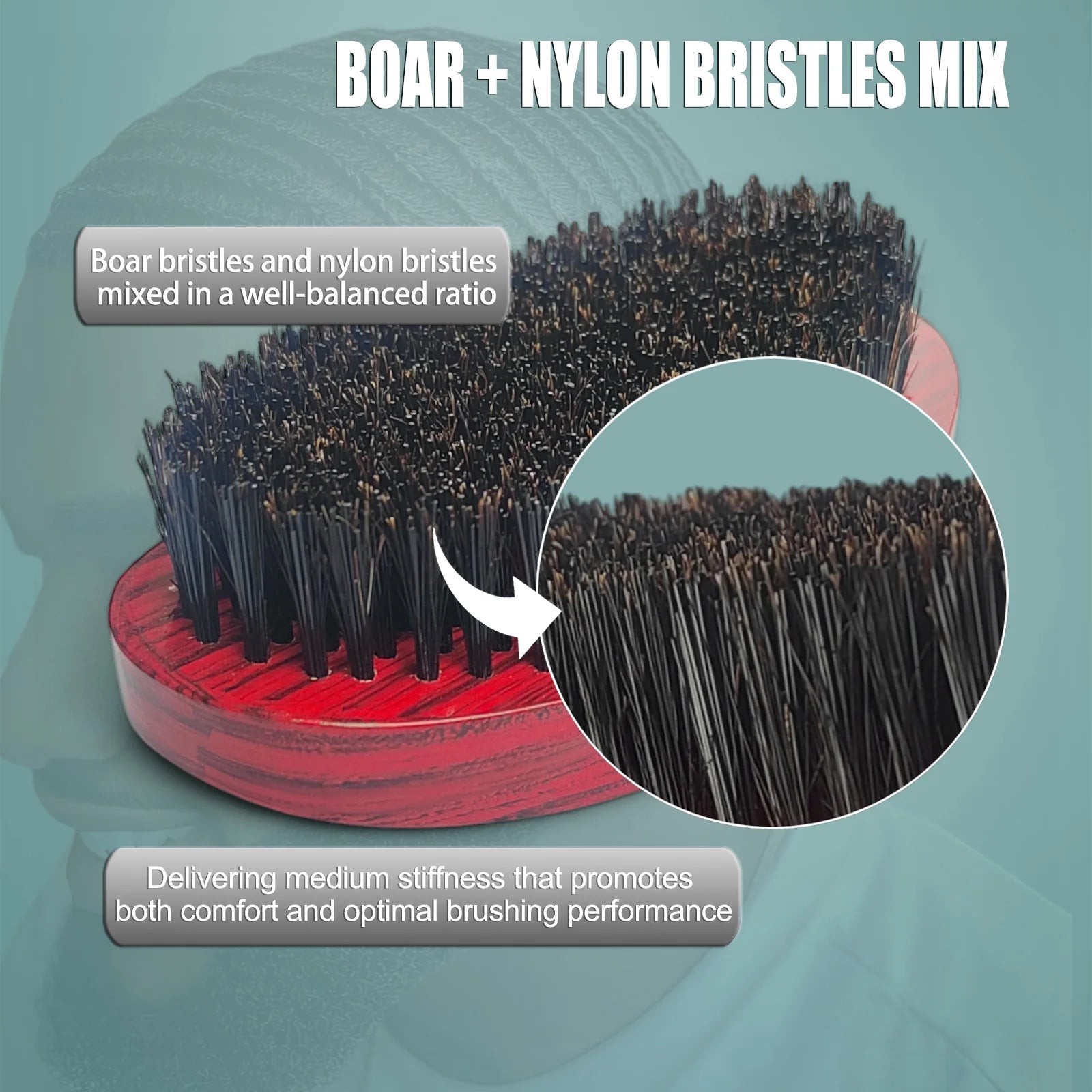 Gracemen 360 Wave Hair Brush for Men with Silky Wave Cap - Also Ideal for Beard Grooming, Curved Medium Stiffness Boar Bristles