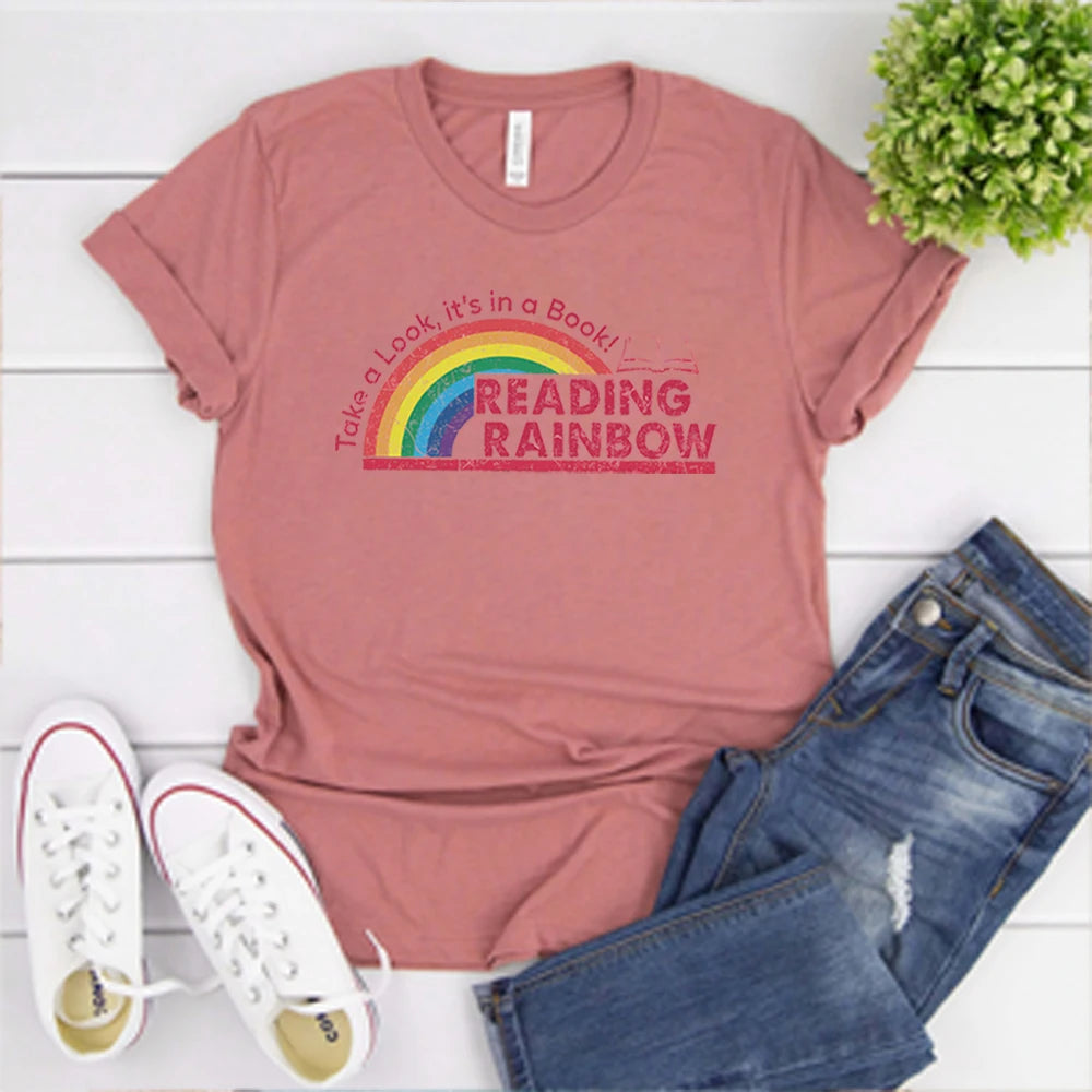 Reading Rainbow Shirt Retro Librarian Shirts Teacher Appreciation Tees Retro Comfort Rainbow School Tee Book Lover Gift
