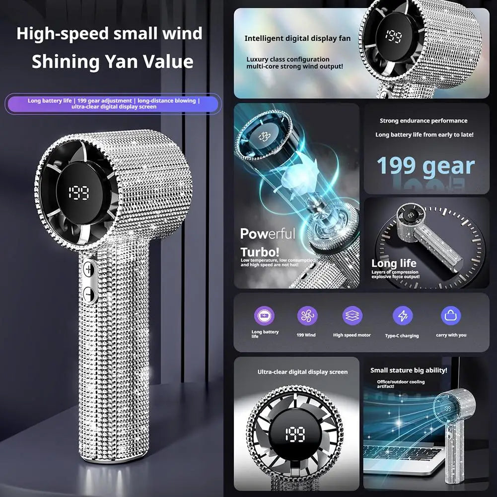 Bedazzled USB rechargeable fan with phone stand and display screen