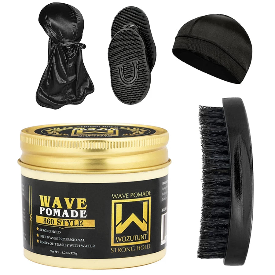Men Shea Butter Wave Control Pomade 360 Style Strong Hold Long Lasting Curly Hair Cream or Brush or Silk Rag Cap Tools Accessory