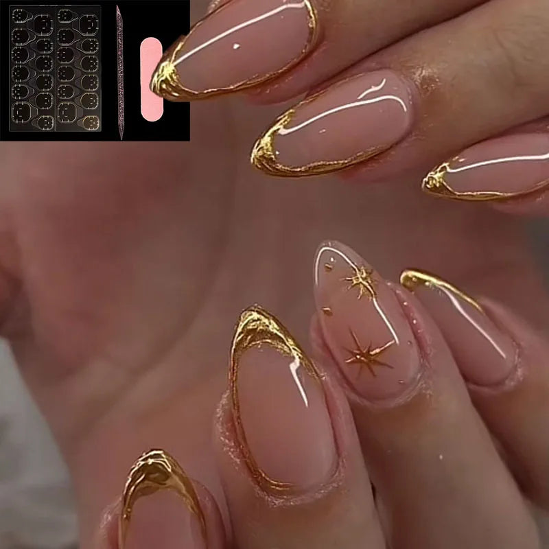 Nude Almond Press on Nails - 3D Gold Foil & Star Design Reusable Removable False Nail Tips for Women Daily Party