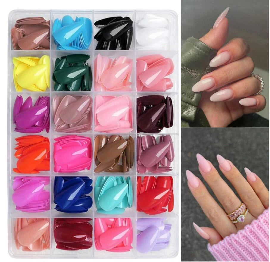 576pcs Medium Almond Shaped Press On Nails 24 Solid Color Glossy Acrylic Fake Nails Full Cover Nail Tips For Nail Art Decoration