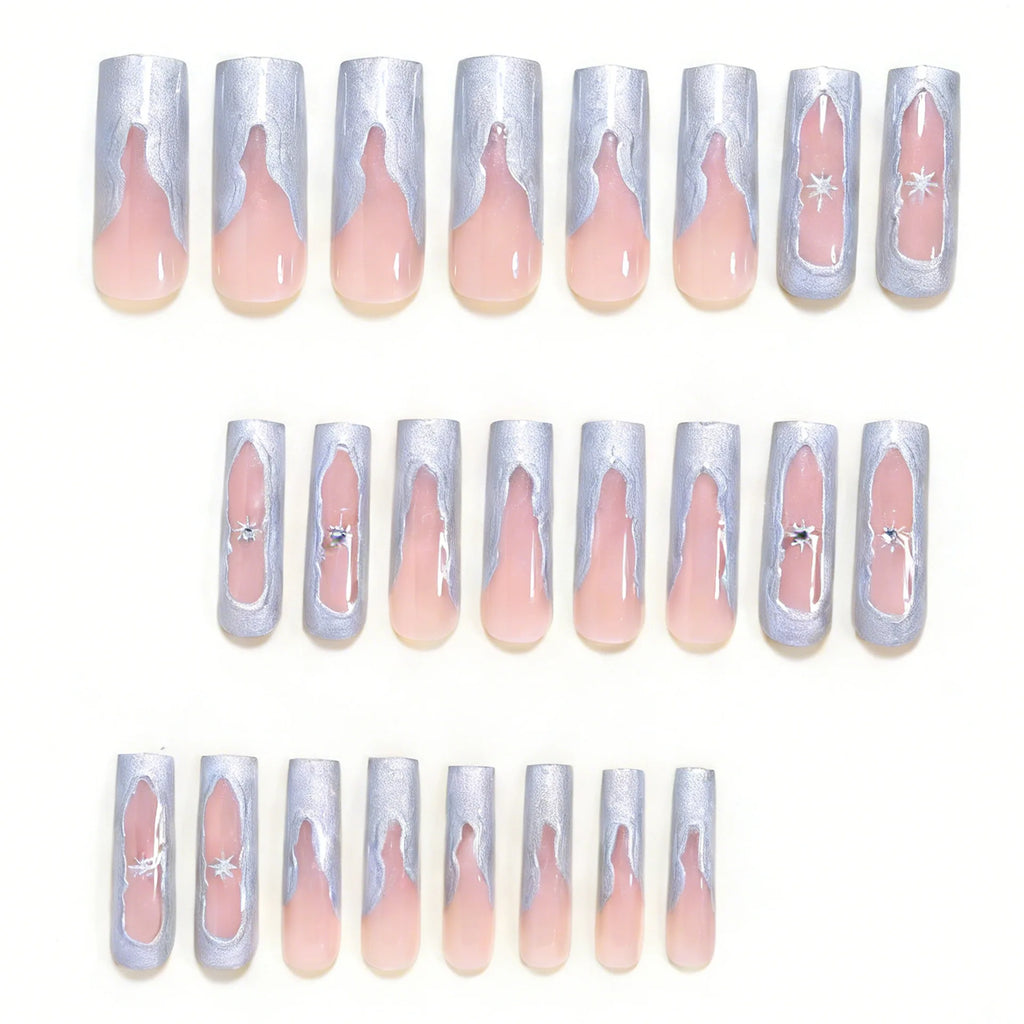24PCS Silver irregular French star-shaped fake nails. press on nails