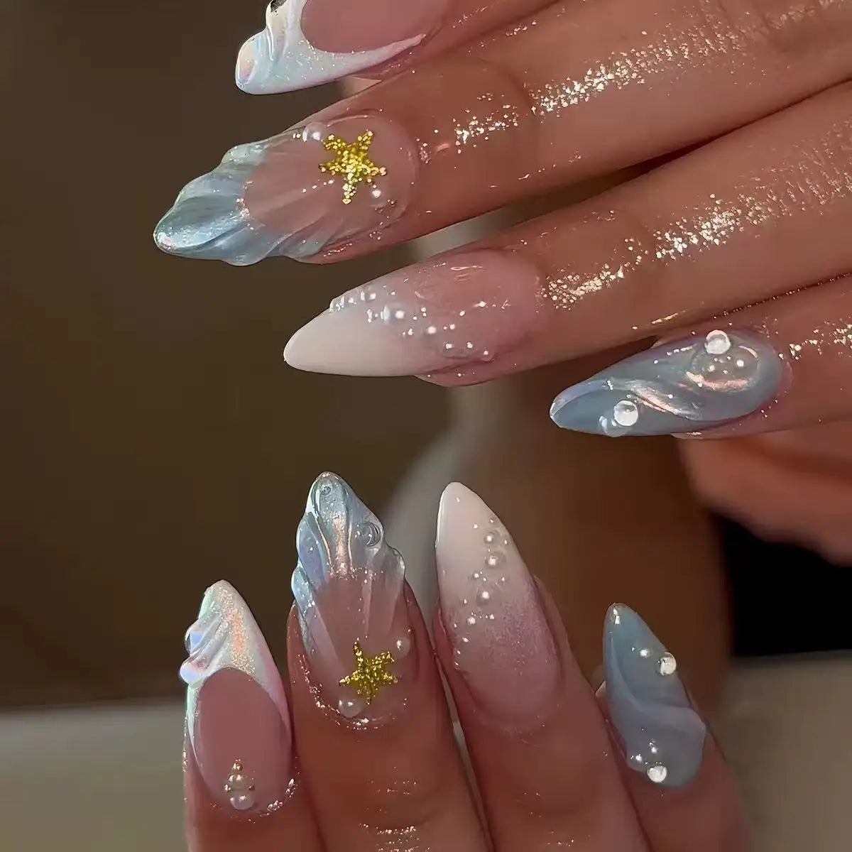 3D Handmade Summer Cherry Blossom Press On Nails Embossed Pink Flower Shell Medium Long Almond False Nails
