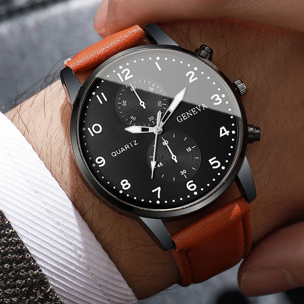 Fashion Men Business Watches Casual Leather Strap Mens Analog Quartz Watch Clock Gift Reloj Hombre（Without Box）