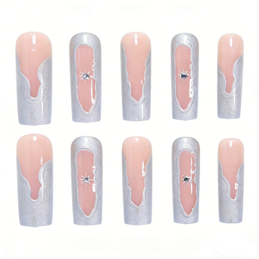 24PCS Silver irregular French star-shaped fake nails. press on nails