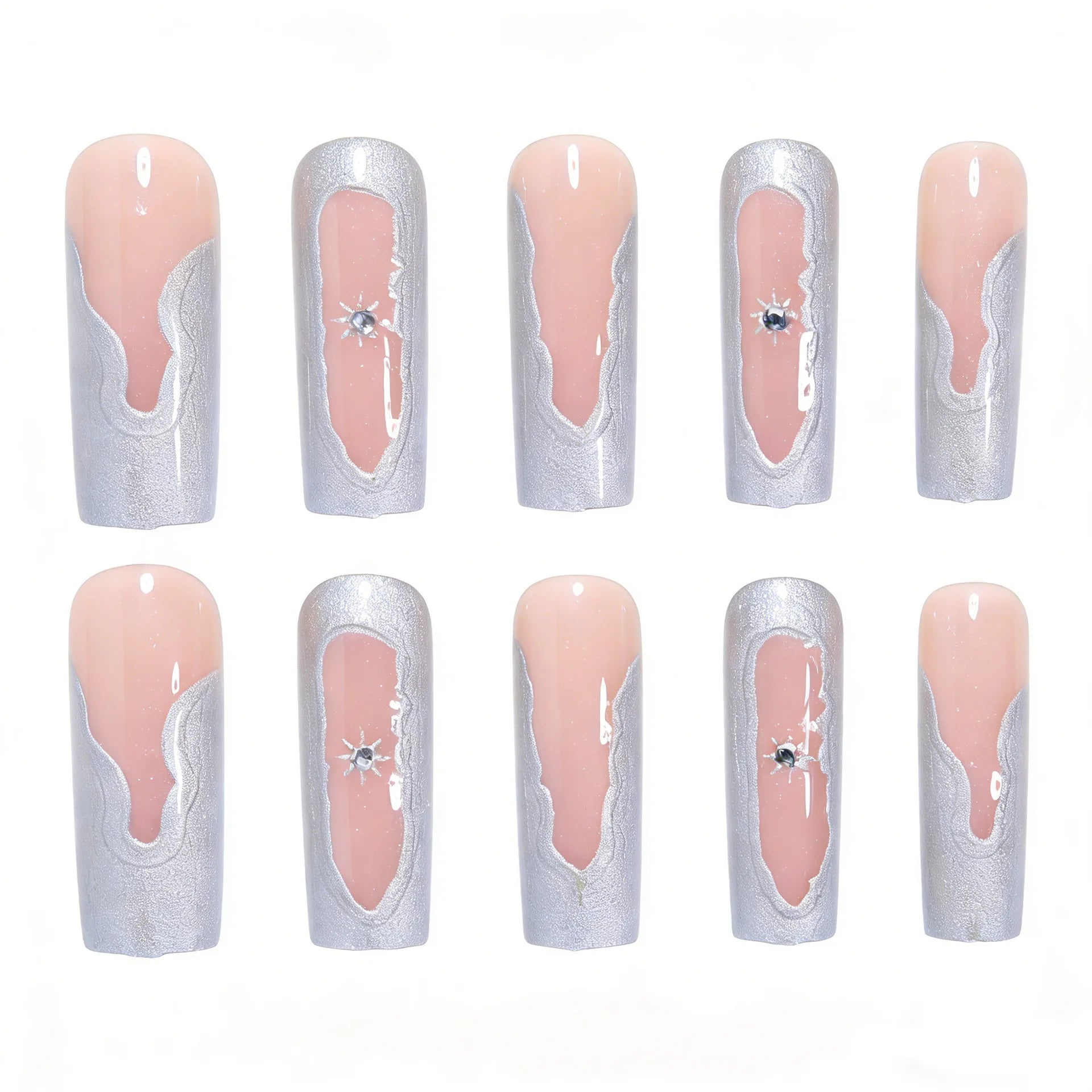 24PCS Silver irregular French star-shaped fake nails. press on nails