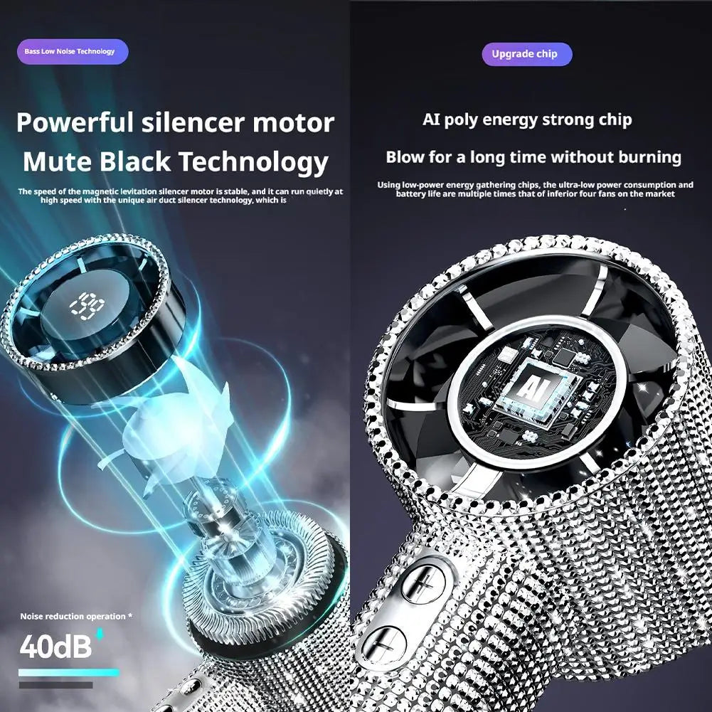 Bedazzled USB rechargeable fan with phone stand and display screen