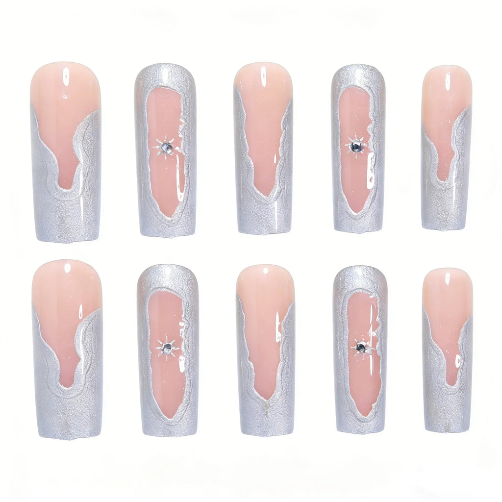 24PCS Silver irregular French star-shaped fake nails. press on nails